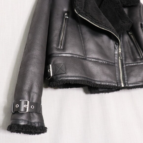 ZARA Aviator Biker Jacket Womens M Faux Leather Shearling Lined Moto Zip Black - Picture 16 of 16